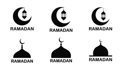 Islamic ramadan black logo silhouettes with crescent moon and lantern mosque domes on white background for festive greeting cards and social media posts © Shovon