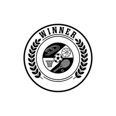 Professional circular sports badge with "WINNER" text, laurel wreath, and icons for basketball, tennis, and soccer. Perfect for championship awards.