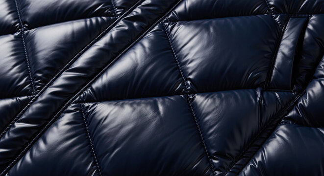 Close up of quilted navy blue puffer jacket fabric with a shiny waterproof texture and padded diamond stitch pattern featuring soft highlights and deep shadows