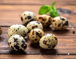 Quail eggs on a wooden surface with a sprig of green