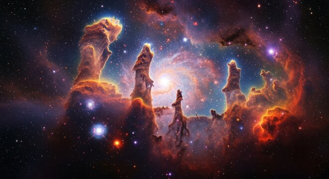 Cosmic pillars of creation in a vivid nebula of stars and space