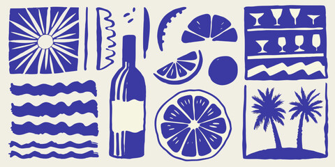 Blue and white illustration of citrus bottles and tropical motifs © Suvro