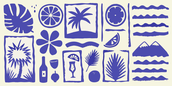 Stylized blue and white tropical pattern with botanical and citrus elements