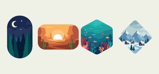 Sunset Flower Garden Scenic Illustration Set, Colorful Wildflower Meadow Vector Art, Nature Landscape Retro Wall Print Design, Poppy Bloom Field Clipart Collection, Warm Evening Sky Poster Graphics, B © Geetaroy