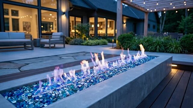 Outdoor linear fire pit igniting with blue glass flames on modern patio. Evening scene featuring string lights plants and wooden deck for cozy backyard ambiance.