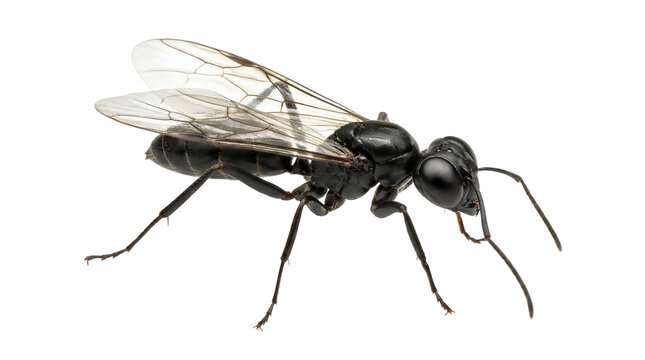 Macro side view of a winged male black ant (drone) isolated on a white background.