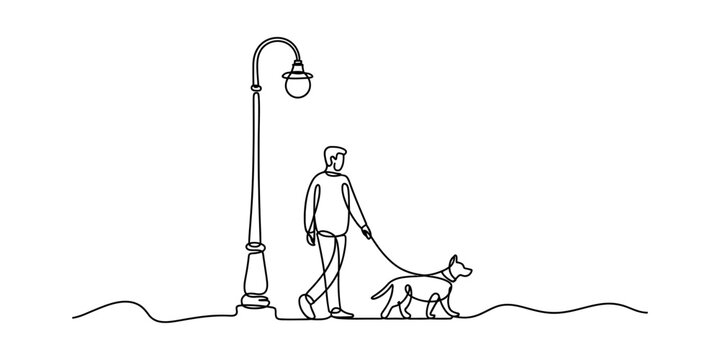 A simple line drawing of a man walking his dog past a vintage street lamp on a sidewalk. Vector, illustration