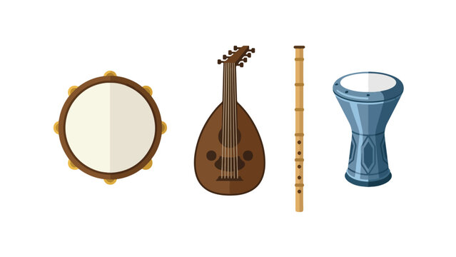 Traditional Islamic Musical Instrument Icon Set, Daff Oud Ney Darbuka Drum Collection