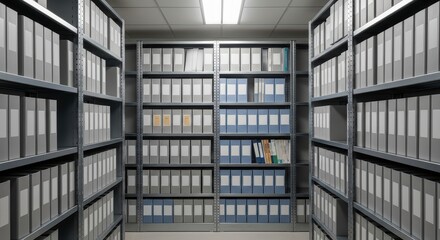 Obraz premium Organized archive room with metal shelving and numerous document boxes in a well-lit library setting