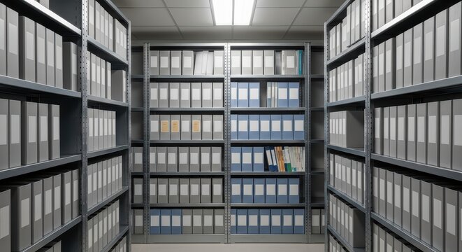 Organized archive room with metal shelving and numerous document boxes in a well-lit library setting