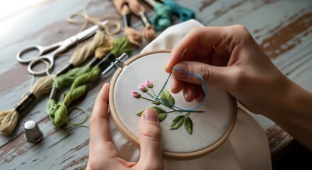 Detailed floral embroidery process by artisan hands on wooden surface