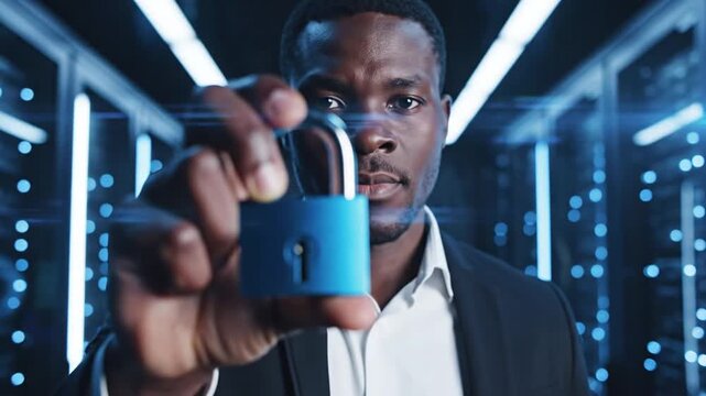 Close-up view of hands holding a blue metal padlock symbolizing digital data protection, cyber security, and privacy safety against unauthorized access in modern technology environments.