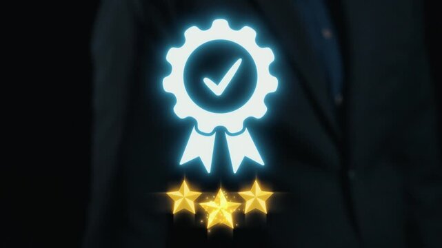 Glowing badge and five stars symbolize trust and excellence in a professional context, highlighting the importance of quality assurance in products and services. Qubit