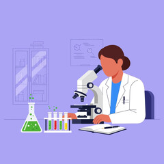 Scientist working with microscope and test tubes in laboratory, scientific research concept
