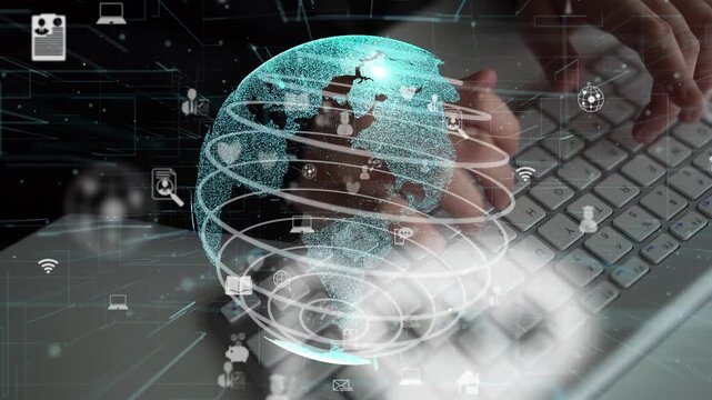 This digital concept image features a glowing globe intertwined with social media and technology icons, symbolizing global connectivity and interaction through the internet. Xenic