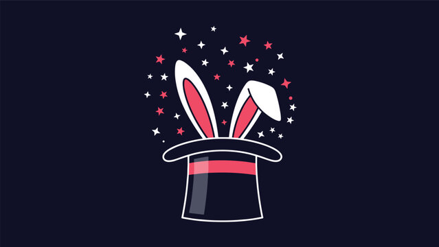 Classic magic top hat with white rabbit ears popping out amidst a shower of sparkling red and white stars on a dark background.