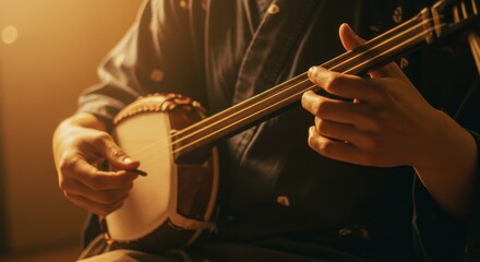 伝統的な和服を着た人物が、温かいオレンジ色の光が差し込む薄暗い部屋で、木製の三味線を撥で演奏しているクローズアップショット。