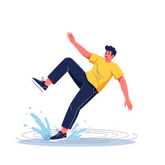 Fototapeta premium Flat vector illustration of a man slipping and falling on a wet floor puddle. Personal injury and workplace safety accident concept.