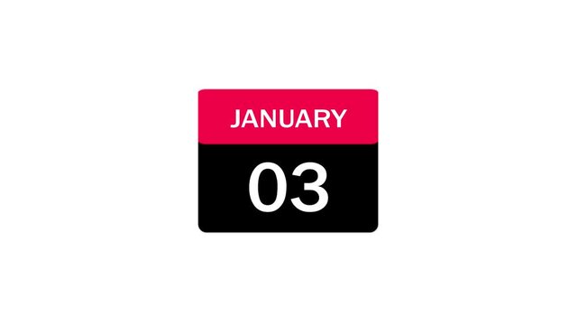 Flat calendar icon showing January 3rd date with pink header and black body isolated on white background for appointment scheduling and event planning.