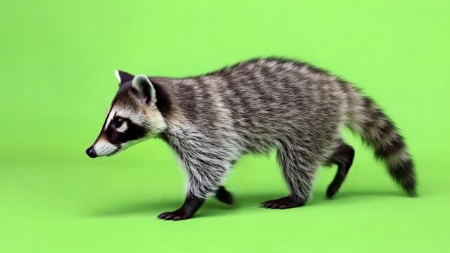 Cute raccoon standing on green background looking curious