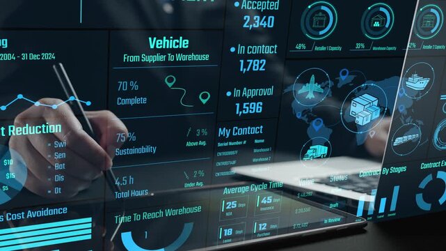 A professional setting showcasing a digital dashboard with key metrics related to warehouse performance, supplier data, and vehicle management for informed decision-making. Cipher