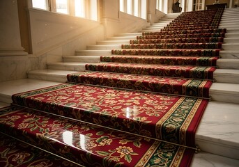 Elegant staircase adorned with a richly patterned red carpet runner