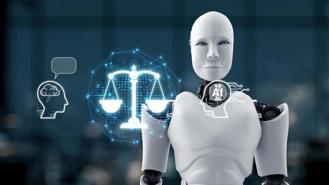 A futuristic robot symbolizes law and justice, holding scales while digital icons represent communication and artificial intelligence in a modern environment. Synapse