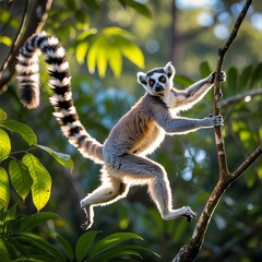 Fototapeta premium A ring tailed lemur leaping between tree branches in a Madagasca