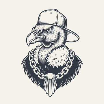 Illustration of a vulture wearing a chain and baseball cap