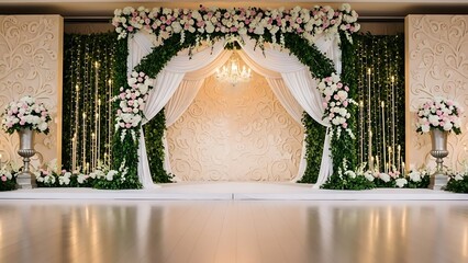 Elegant Wedding Stage Decor with Floral Arch and Subtle Lighting