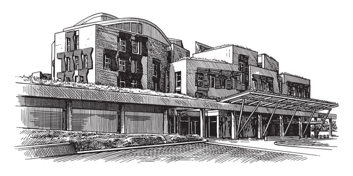 Complex and modern architectural facade of the Scottish Parliament building in Edinburgh. Hand-drawn engraving style.