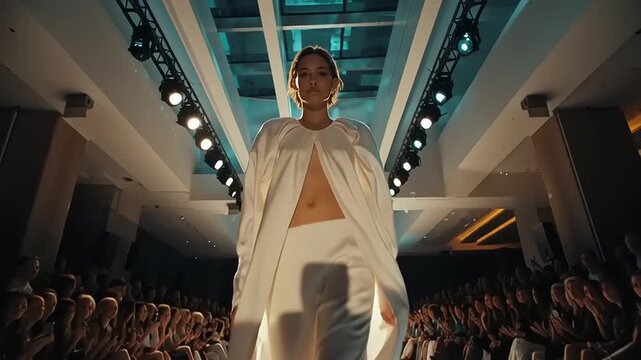 Cinematic runway shot of a model strutting confidently down a catwalk surrounded by audience