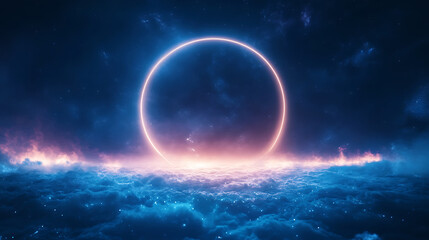 Obraz premium Mystical Neon Ring Portal Over Ethereal Ocean Waves.