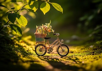 Enchanting floral bicycle miniature in a sun-dappled woodland setting