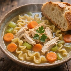 Hearty chicken noodle soup with chunks of chicken egg noodles ca