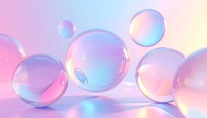 Floating spheres in a pastel environment, captured from a high viewpoint, showcasing reflective surfaces and soft lighting