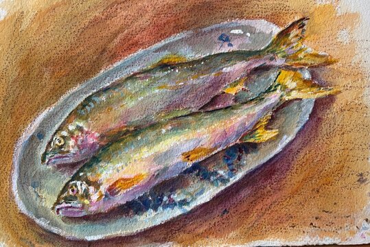 鮎、川魚、鮮魚、水彩Watercolor illustration of Ayu Sweetfish