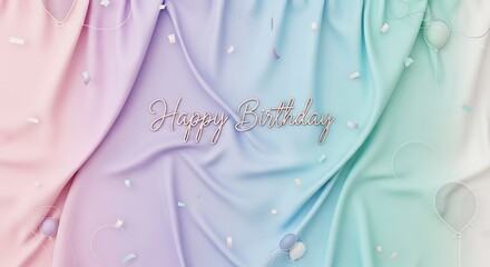 Festive birthday background with pastel drapery and confetti shower