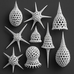 Single celled protozoans with intricate silica skeletons resembl