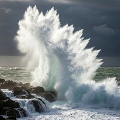 Spray Kissed Waves crash against the rocks sending spray high in