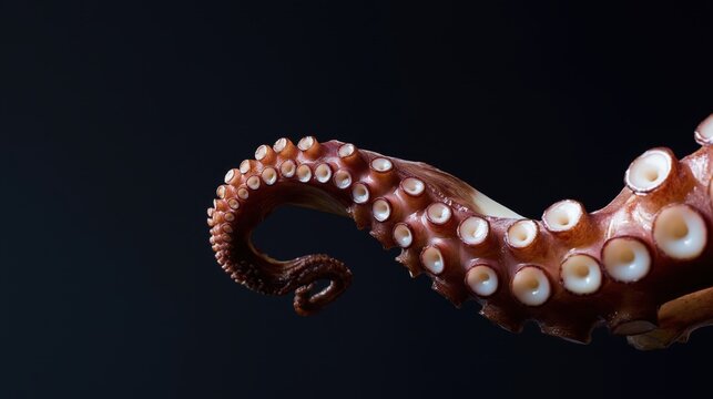 Octopus tentacle with suction cups on dark background  