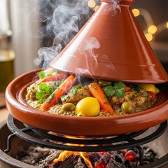 Tagine Cooking Slow cooking food in a conical clay pot for tende