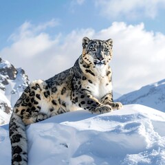 Obraz premium A snow leopard rests on a snowy outcrop