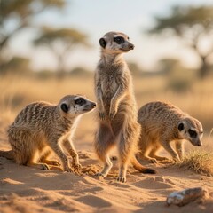 Three meerkats interacting and communicating on a sandy mound sh