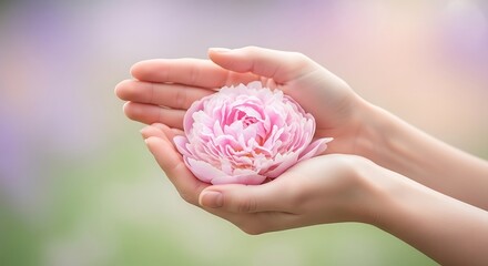 Gentle hands embracing delicate pink peony bloom for loving kindness