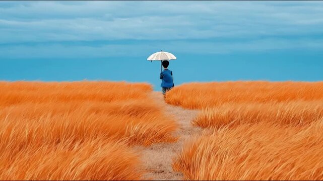 Orange grass field lone person with white umbrella under blue sky on walking path in windy meadow surreal landscape with vibrant color for outdoor travel and peaceful solitude in minimal nature scene