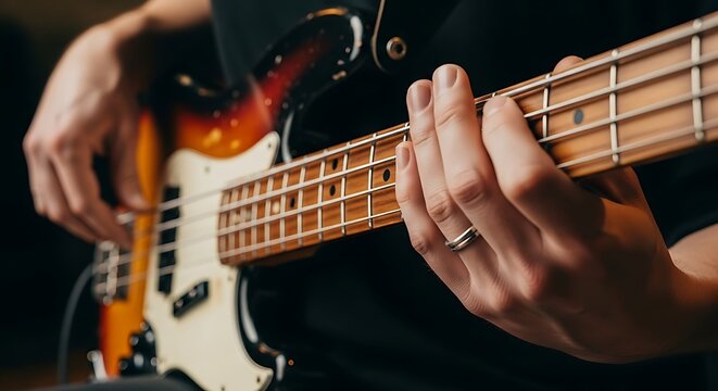 Intimate capture of a bass guitar in play, embodying musical expression