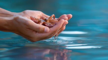 Person holding octopus gently in hands over clear blue water  
