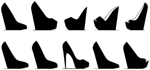 Obraz premium Set of black wedge heel shoe silhouettes in various styles and designs on white background