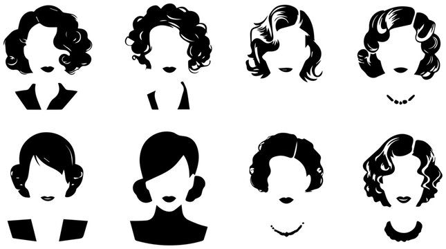 Vector pack of eight retro hairstyle icons from the 1950s featuring pin up style female heads with various curly and wavy hairdos on white background